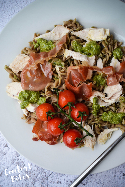 Paleo pasta with chicken, pesto, prosciutto and roasted tomatoes