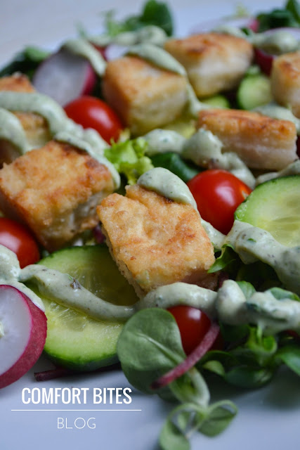 Crisp Tofu Salad with Creamy Pesto Dressing (vegan, vegetarian, gluten free)