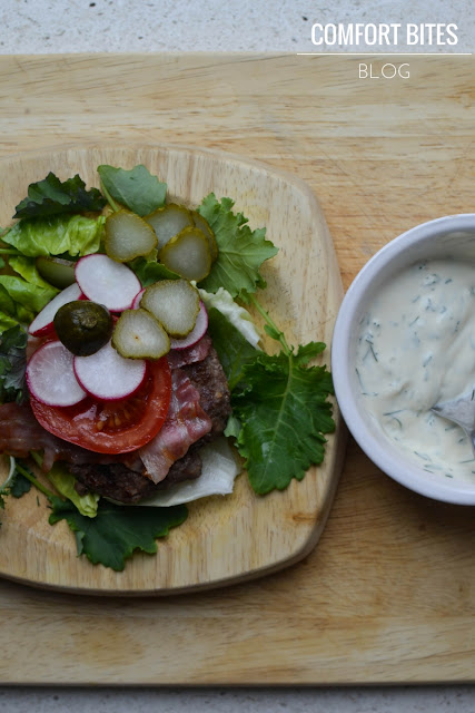 Buffalo Burger Stack with Lemon Dill Mayo Paleo Low Carb 