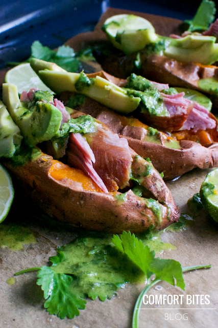 Sweet Potatoes with Smoked Turkey, Avocado and Coriander Cilantro Lime Dressing Paleo AIP