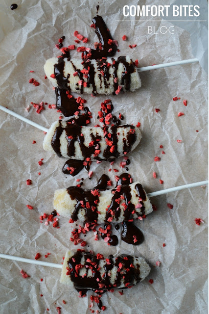 Strawberry Banana Ice Pops with Carob Sauce Vegan