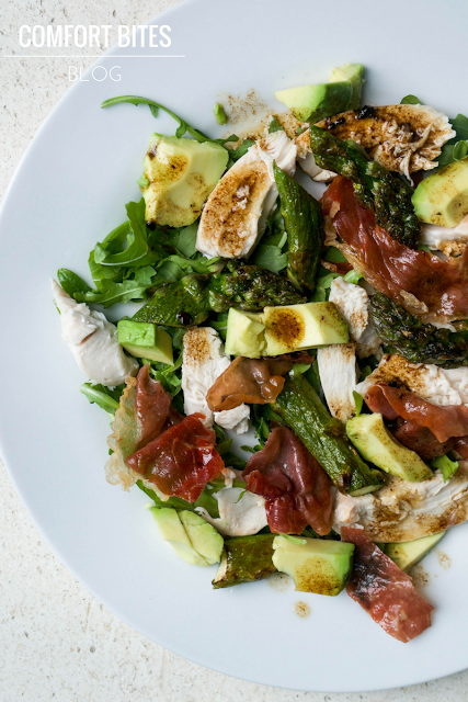 Warm chicken, asparagus and prosciutto salad with black garlic and lime dressing