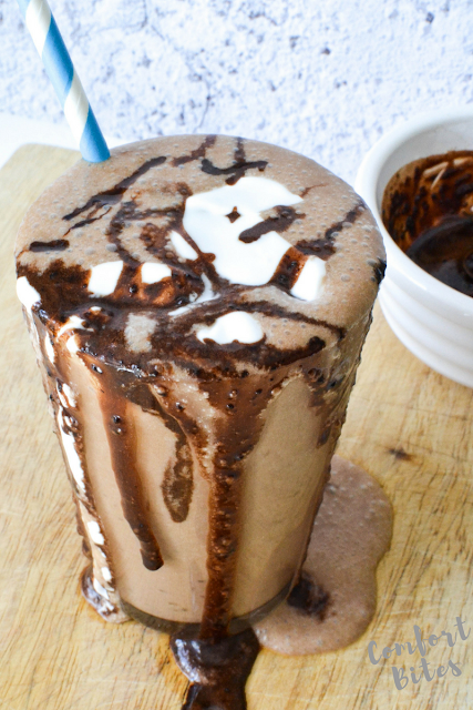 dairy free chocolate milkshake with carob sauce and blue and white striped straw