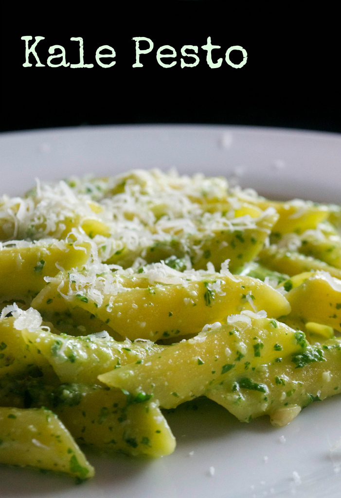 kale pesto on penne pasta