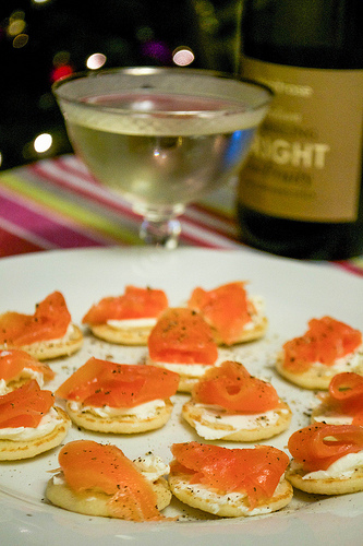 smoked salmon canapes with waitrose sparkling bright and fruity wine
