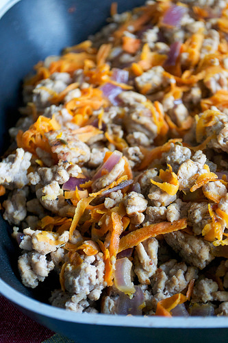 pork, sweet potato and red onion hash