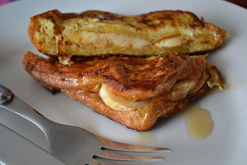 banana and peanut butter brioche french toast maple syrup