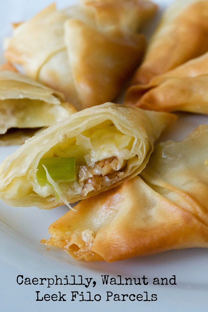 caerphilly cheese leek with walnut filo parcels