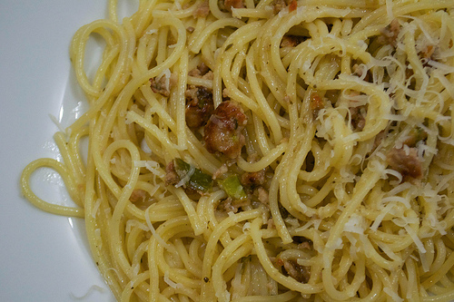 spaghetti with sausage and aubergine pesto