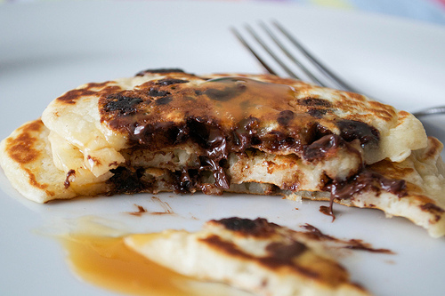choc chip pancakes with toffee sauce cut