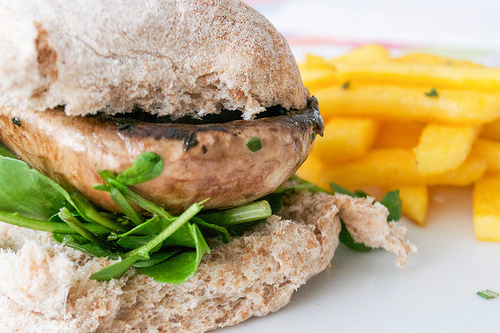 garlic mushroom burger and polenta fries