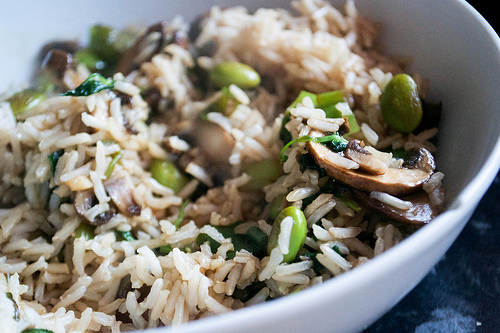 stirfried brown rice with soya beans mushrooms