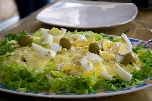 salad eggs, olives peas mayo, lettuce
